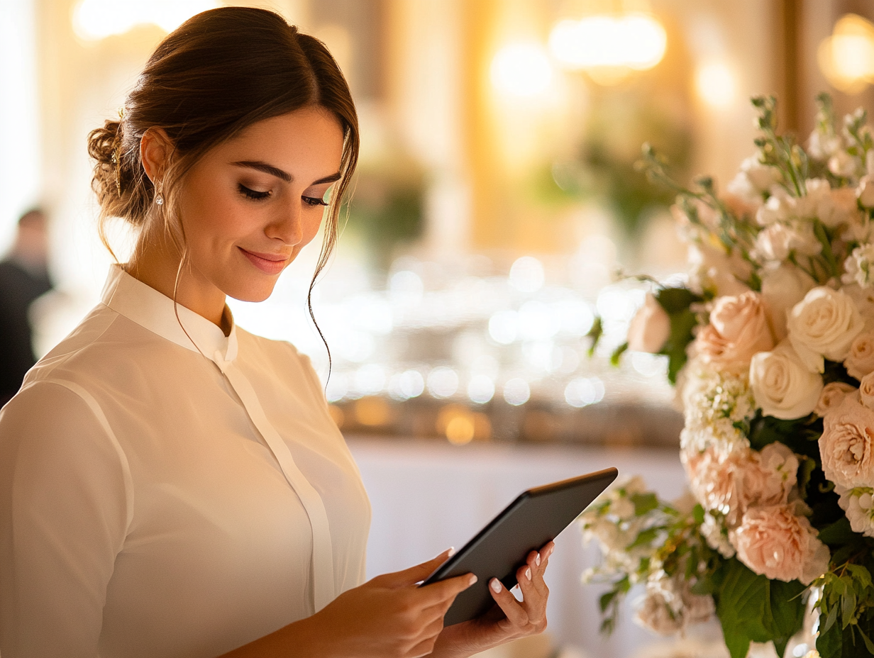 Imagem de uma mulher ceriomonialista verificando as atividades de cada fornecedor do casamento